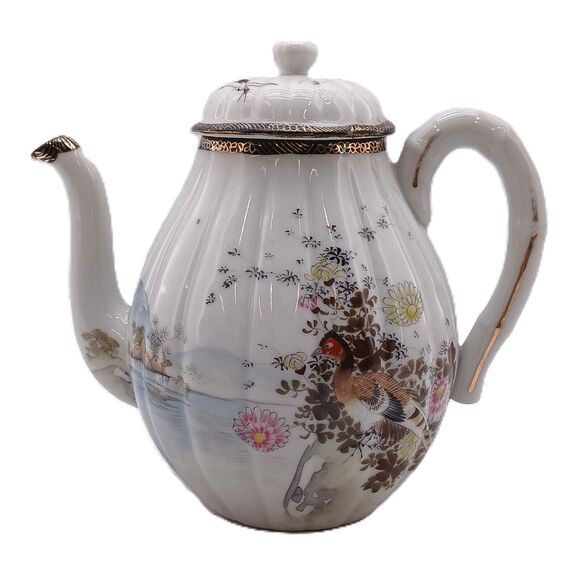 Vintage Japanese Lake Floral Birds Porcelain Lidded Teapot Tea Hand Painted - Picture 7 of 13
